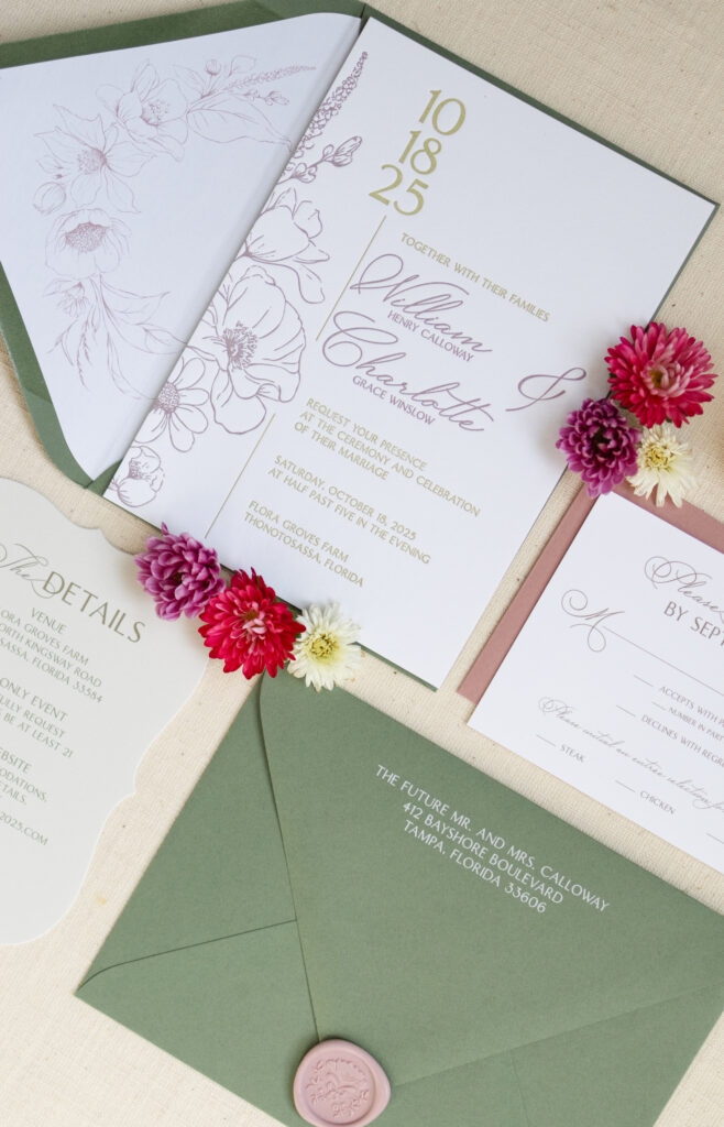 Letterpress invitation with green envelope and wax seal