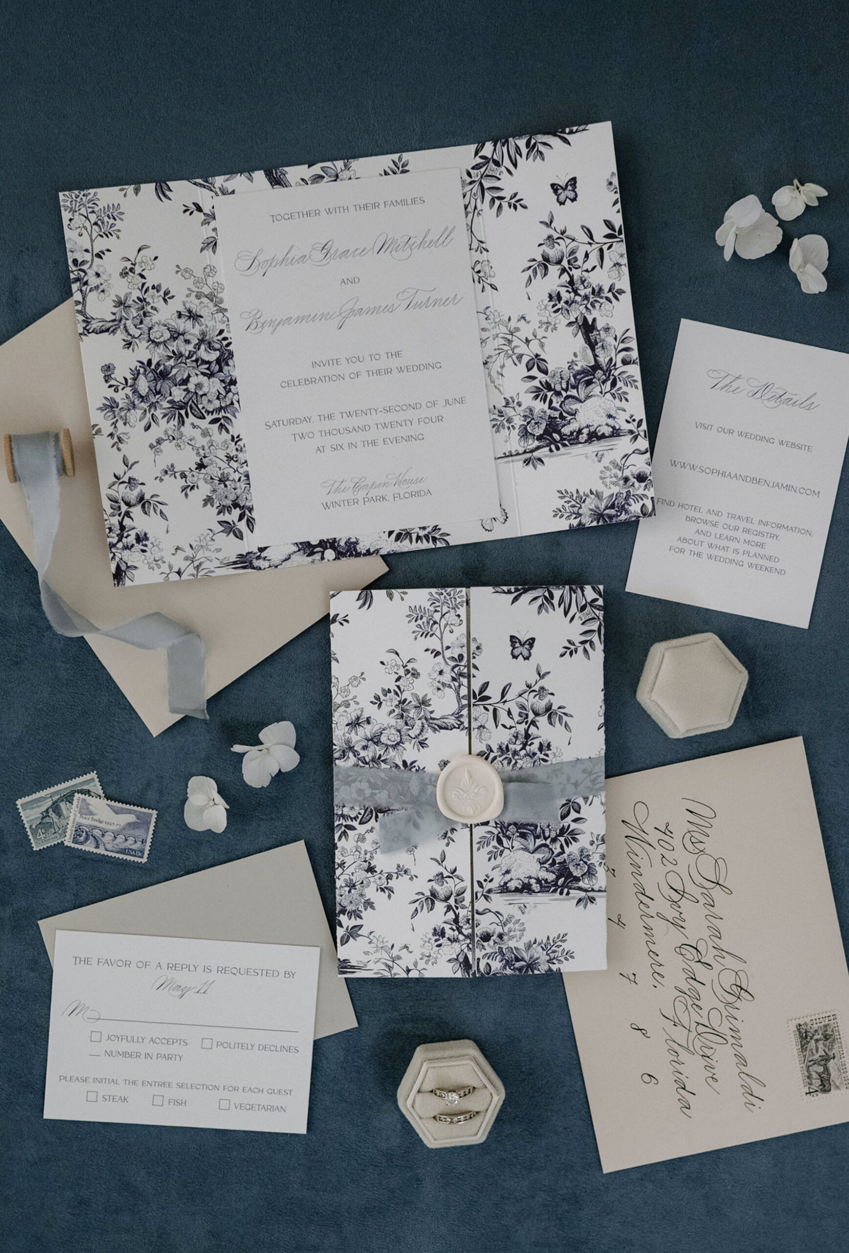 custom wedding invitation with toile de Jouy inspiration and gatefold design