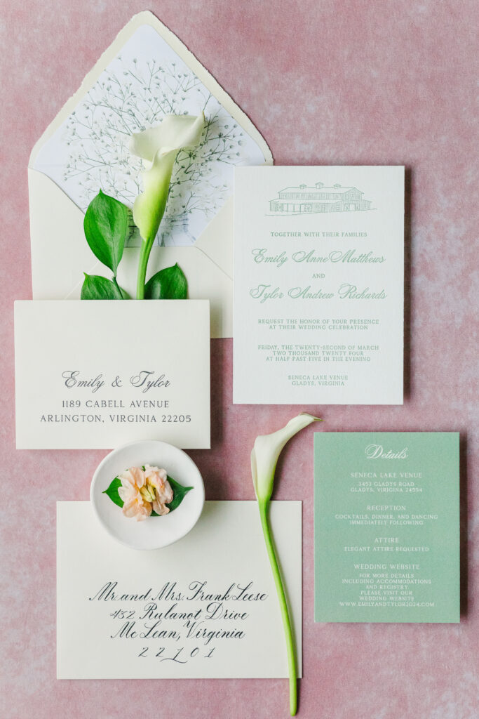 Simply Elegant Invitation Suite from the Rosebud Calligraphy & Design semi-custom wedding invitations collection with letterpress printing, a venue illustration and calligraphy