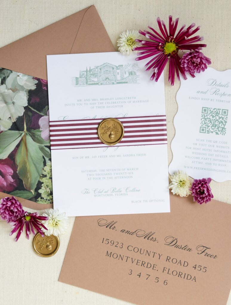 Simply Elegant Invitation Suite from the Rosebud Calligraphy & Design semi-custom wedding invitations collection with a belly band, venue line drawing and die cut shape