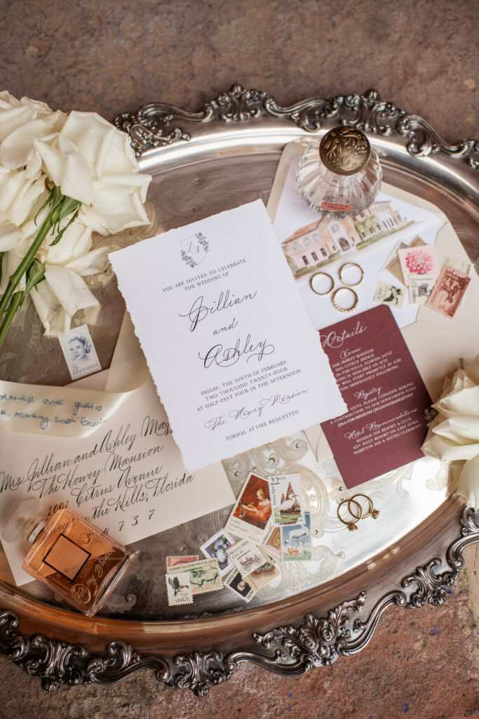Simply Elegant Invitation Suite from the Rosebud Calligraphy & Design semi-custom wedding invitations collection with hand torn edges, a venue watercolor, custom monogram and calligraphy