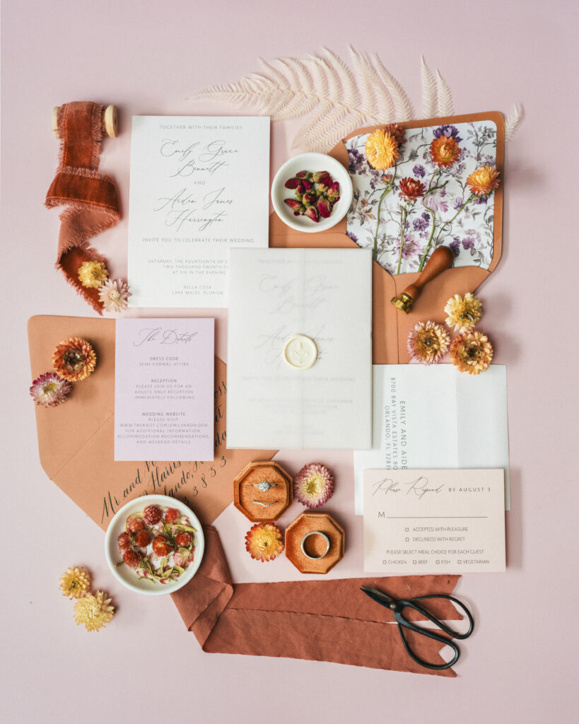 Simply Elegant Invitation Suite from the Rosebud Calligraphy & Design semi-custom wedding invitations collection with a vellum wrap, wax seal and envelope liner