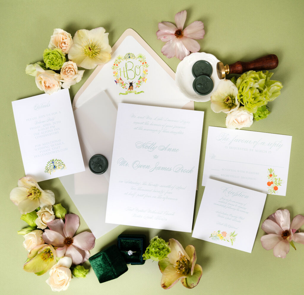 Simply Elegant Invitation Suite from the Rosebud Calligraphy & Design semi-custom wedding invitations collection with a vellum wrap and custom artwork