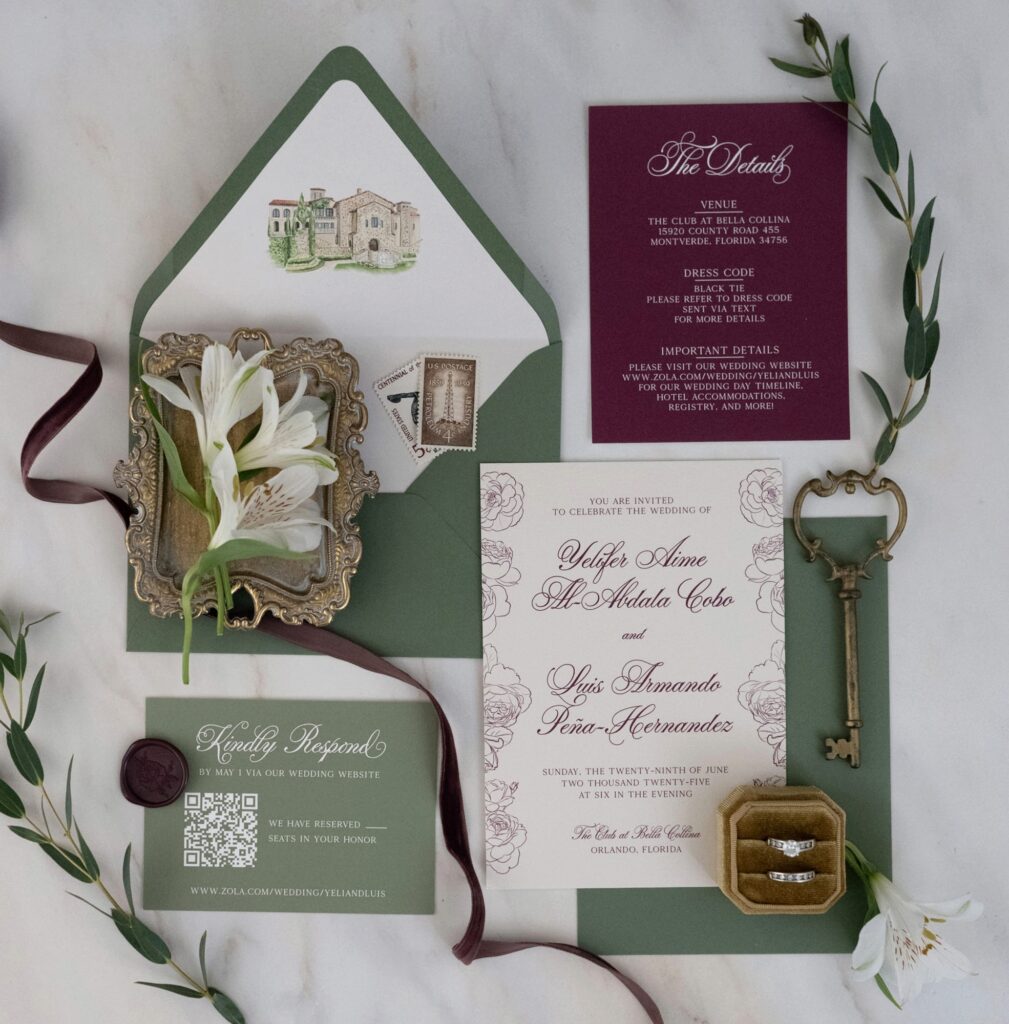 Simply Elegant Invitation Suite from the Rosebud Calligraphy & Design semi-custom wedding invitations collection with custom graphics and a venue watercolor
