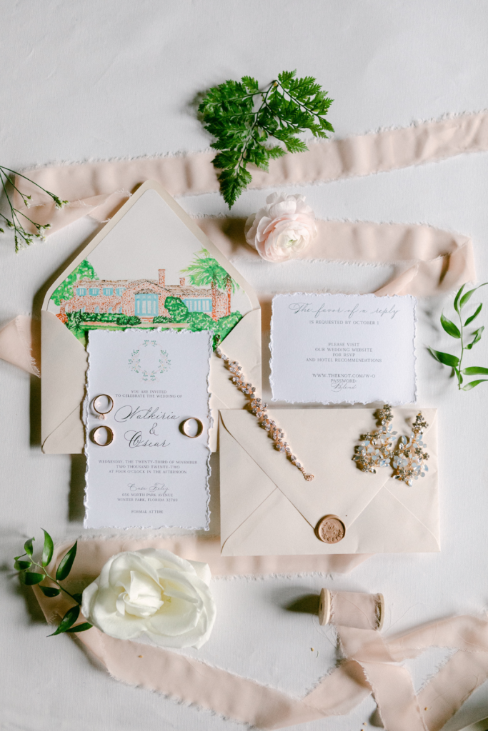 Simply Elegant Invitation Suite from the Rosebud Calligraphy & Design semi-custom wedding invitations collection with hand torn edges, a venue watercolor, custom monogram and calligraphy