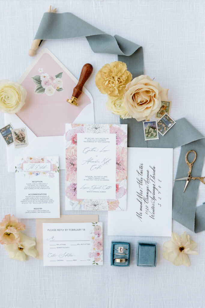 Decorative Pastels Invitation Suite from the Rosebud Calligraphy & Design semi-custom wedding invitations collection